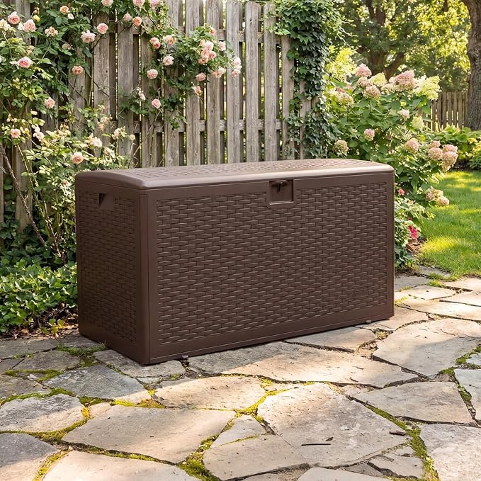 120 Gallon Waterproof Outdoor Storage Box – Blow-Molded Deck Box with Gas Rod Lift Lid, Lockable for Patio Furniture, Cushions, Garden Tools & Pool Floats, Bronw