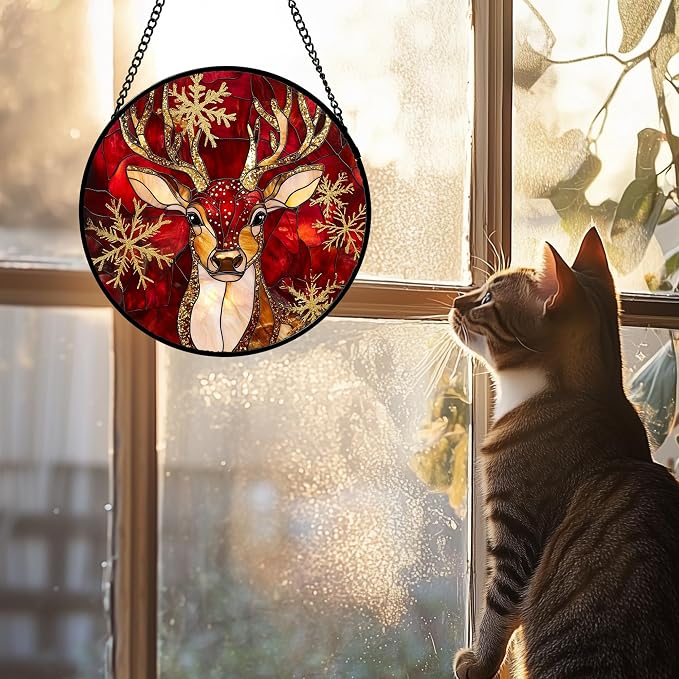 DASTOLL Stained Glass Window Hanging 4 Pcs Set Red Golden Snowflakes 9.8" - Christmas Elk Rabbit Suncatcher Door Garden Sun Catcher Decor Birthday for Mom Woman Nana Men