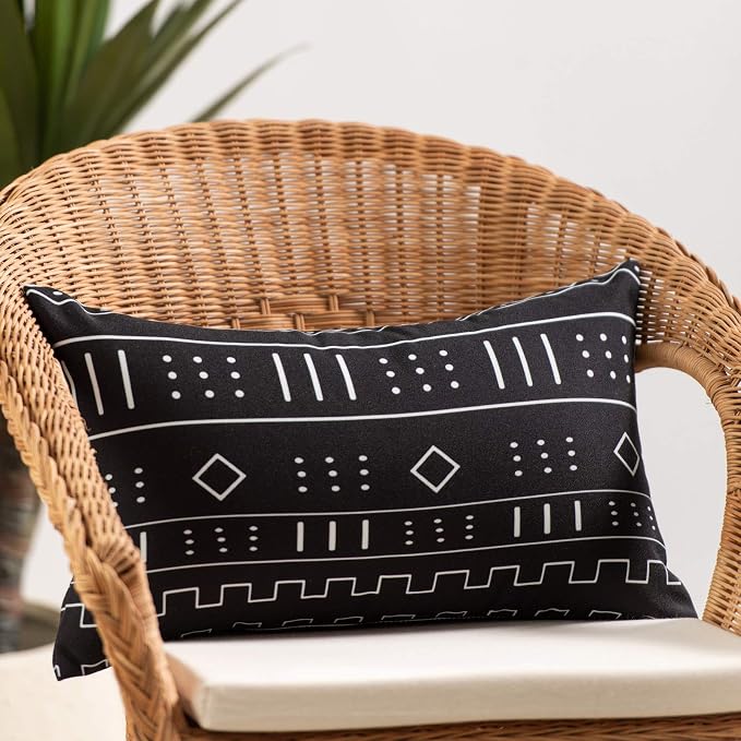 Hofdeco Mudcloth Inspired Patio Indoor Outdoor Lumbar Pillow Cover ONLY for Backyard, Couch, Sofa, Black Lines Dashes, 12"x20"