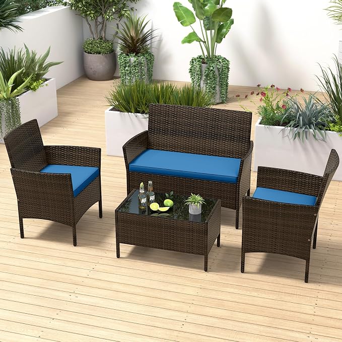 4 Piece Patio Furniture Set, Sectional Conversation Sofa Set with Glass Coffee Table, Cushions & Loveseat, Wicker Outdoor Table and Chairs for Pool, Garden, Deck, Backyard (1, Peacock Blue)