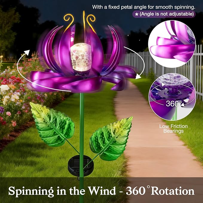 Solar Yard Lights Wind Spinners- Metal Lotus Flower Garden Decor LED Crackle Glass Globe Yard Art Sculpture Solar Stake Lights for Patio Pathway Lawn Walkway (Purple-Large)