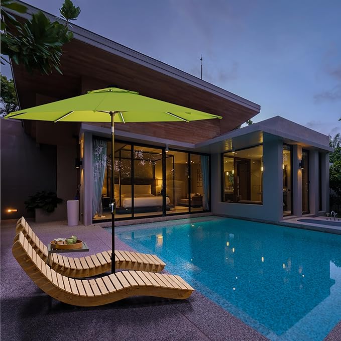 Midtown Umbrellas The LED Swilt 10 Feet Patio Umbrella With Sunbrella Macaw Acrylic Fabric - Auto-Tilt Aluminum Frame With LED Lights For Backyard, Deck, Garden, Pool - Black Pole