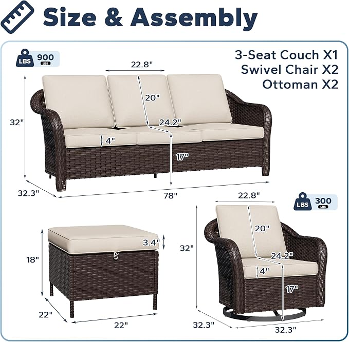 5 PCS Outdoor Conversation Set | 78" Couch, 2 Swivel Chairs, 2 Ottomans, Patio Wicker Conversation Furniture with Removable Cushions for Bistro, Deck, Sunroom (Beige)