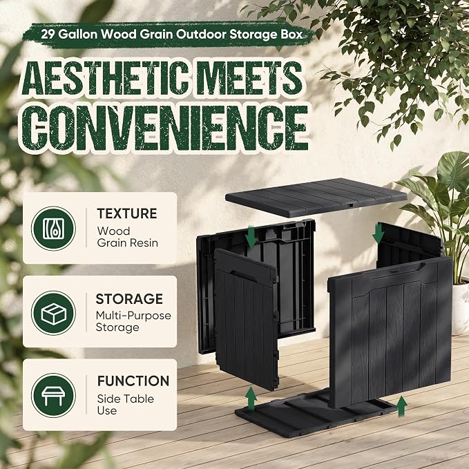 Devoko 29 Gallon Waterproof Outdoor Storage Box Resin Deck Box Lockable and UV Resistant for Patio Furniture, Garden Tools (Black, 29 Gallon)