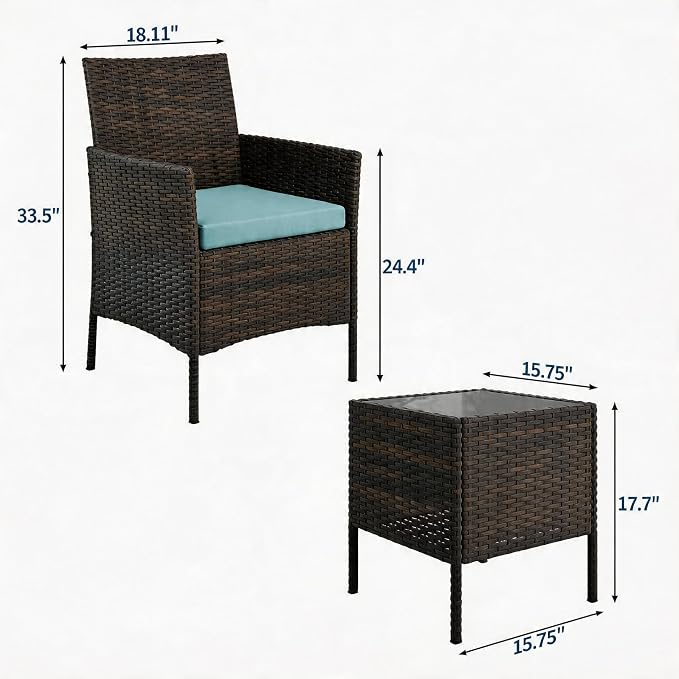 GAOMON 3-Piece Patio Furniture Set, Modern PE Rattan Conversation Set with 2 Chairs & Tempered Glass Coffee Table, All-Weather Outdoor Seating for Garden, Porch, Balcony, Poolside, Blue