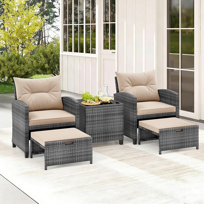 COSTWAY 5-Piece Rattan Conversation Set, Outdoor Wicker Sofa, Tempered Glass Coffee Table & Ottomans for Small Space, Boho Chic Indoor/Outdoor Furniture Set for Poolside, Backyard, Deck (Beige)