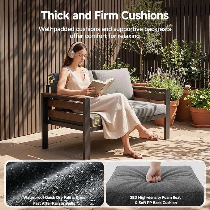 Outdoor Aluminum Patio Furniture Set, 4 Seat 4 Pieces Patio Conversation Sets with 28D Thick Washable Cushions and Coffee Table, Oversized Metal Sectional Sofa Set for Backyard Porch Deck Dalcony