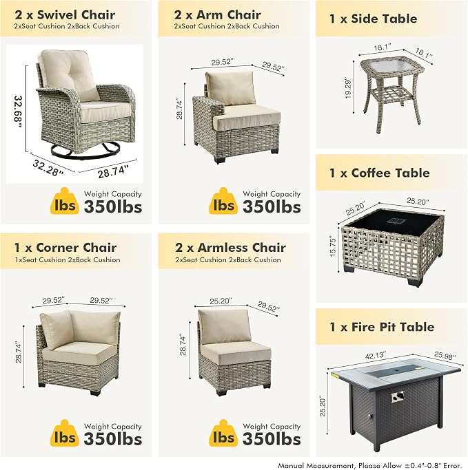 HOOOWOOO Sectional Patio Furniture Set with Fire Pit Table,10 Pieces Wicker Outdoor Furniture L Shaped Couch,Outside Conversation Set Extra Deep Seat Sofa Wide Arm Swivel Chair Solar Table,Beige