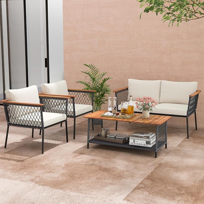 Tangkula 4 Piece Patio Furniture Set, Patiojoy Rattan Chair Set w/ 2-Tier Coffee Table, Acacia Wood Armrests & Tabletop, Soft Seat & Back Cushions, Outdoor Wicker Conversation Set