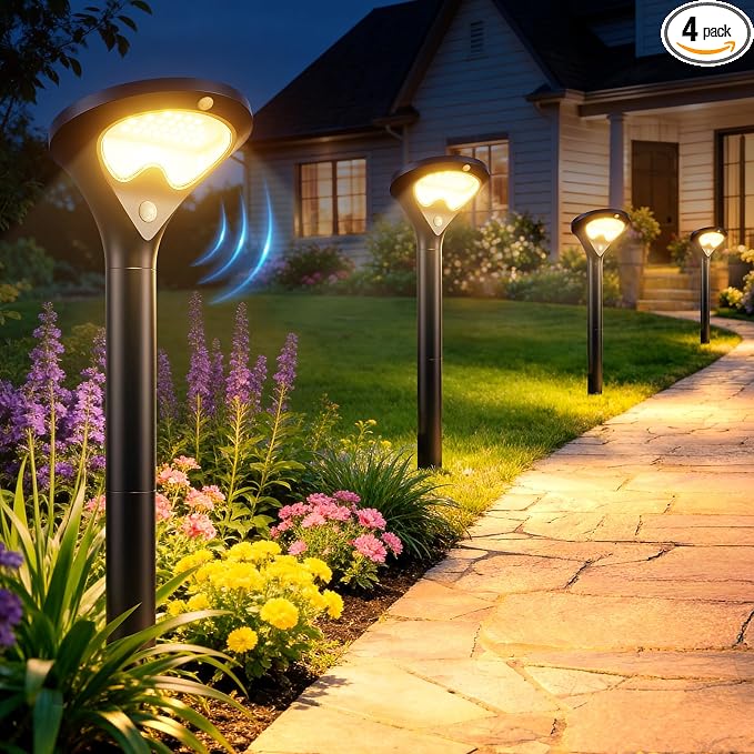 400LM Solar Pathway Lights Outdoor with Motion Sensor, 4 Pack | 3 Modes Security Solar Yard Lights, Larger Glass Panel, Waterproof Path Lights for Walkways, Garden, Patios, Driveways, Black
