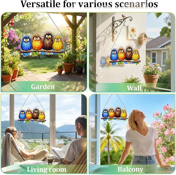 Stained Glass Window Hanging - Funny Fluffy Birds Suncatcher for Windows Doors Home Decor, Colorful Crazy Birds on Branch Sun Catcher Gift for Women Mom Nana Bird Lovers Christmas Mother's Day 7.8 in