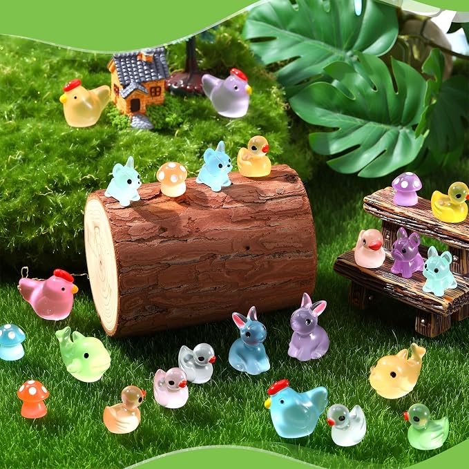 190PCS Luminous Mini Resin Ducks Tiny Glow in The Dark Duck Chickens Rabbit Frogs Dolphin Mushroom Puppy Resin Miniature Animals for Landscape Dollhouse Garden Decoration
