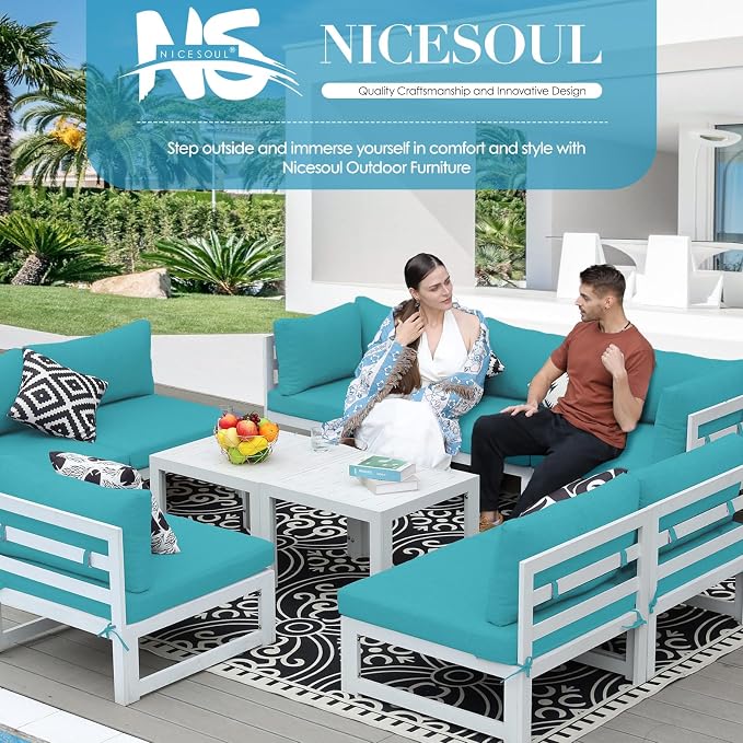 NICESOUL 10 Piece Oversized Modern Aluminum Patio Furniture Set, All Weather Rust Resistant Modular Sectional Sofa with Side Table, 500 lbs Heavy Duty Comfortable Outdoor Couch for Backyard Lawn, Teal