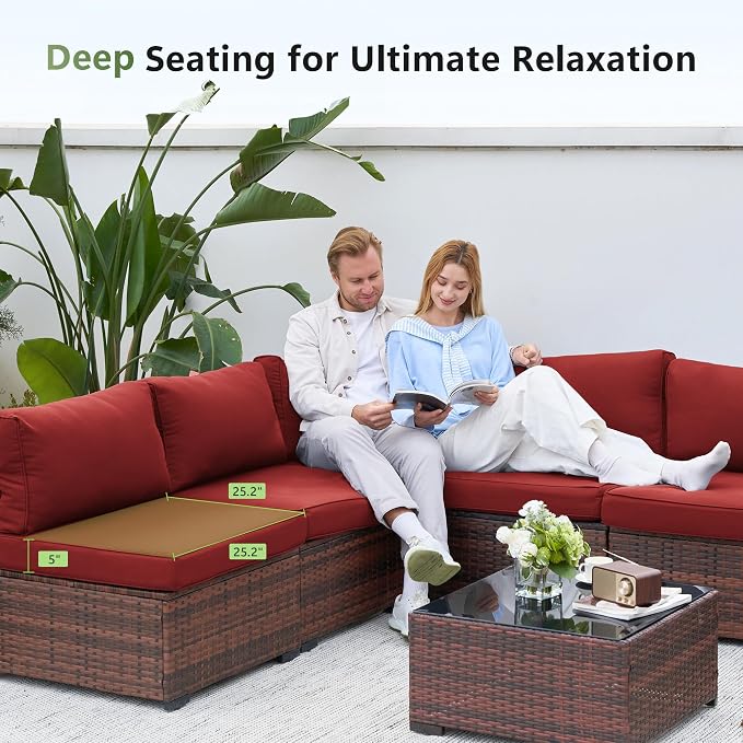 Amopatio Patio Furniture Set Modular Outdoor Sectional 7 Piece Wicker Patio Set, Multiple Combinations Outdoor Sofa w/Coffee Table, Waterproof Cover Included, Burgundy