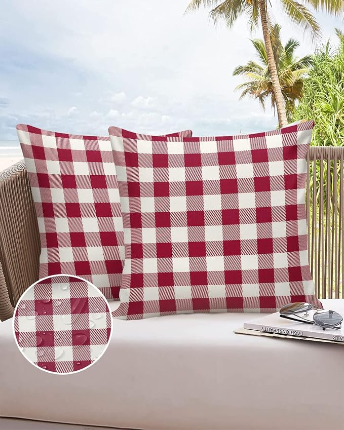 Outdoor Waterproof Throw Pillow Covers Set of 2 Wine Red Buffalo Check Plaid Pillowcases 20x20 Inches Farmhouse Style Patio Decorative Pillows Cushion Case Patio Pillows for Couch Bed Chair Garden