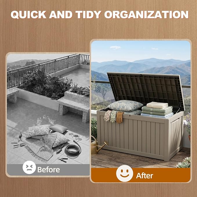 EFU Outdoor Storage Box 260 Gallon Deck Box (Indoor & Outdoor) Lockable UV Resistance Waterproof Resin Storage Bin Storage Box for Outdoor,Patio Storage With Support Rod(Taupe)