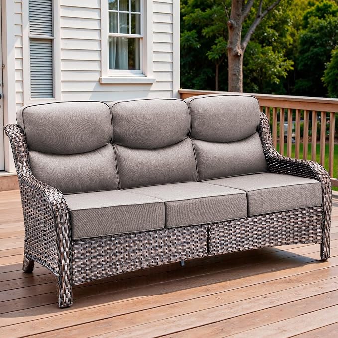 3 Pieces Patio Furniture Sofa Set with 6" Thick Cushions, High Back Wicker Sectional Outdoor Sofa with Ottoman, Outdoor Conversation Set for Balcony Deck Porch Backyard, Brown/Grey