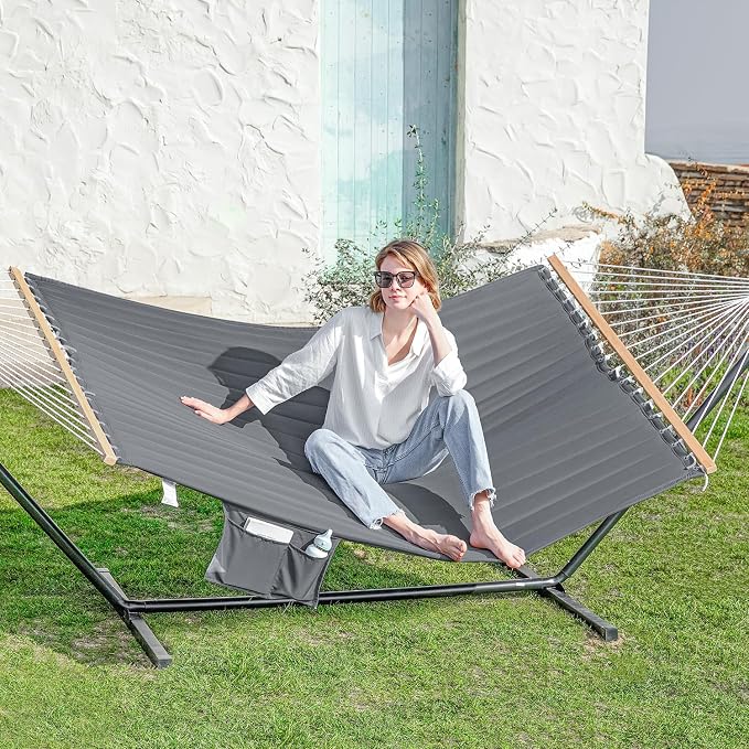GAFETE 2 Person Hammock with Stand for Outside, Heavy Duty Steel Stand, 55inch Double Hammocks, Large Removable Pillow, Storage Bags, Max 475 lbs Capacity (Haze Gray)