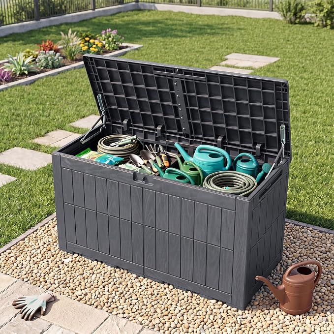 Tangkula 100 Gallon Outdoor Storage Box, Waterproof PP Resin Patio Storage Box with Lockable Lid for Indoor & Outdoor Use, 2-in-1 Rattan Design Deck Box for Cushions, Garden Tools