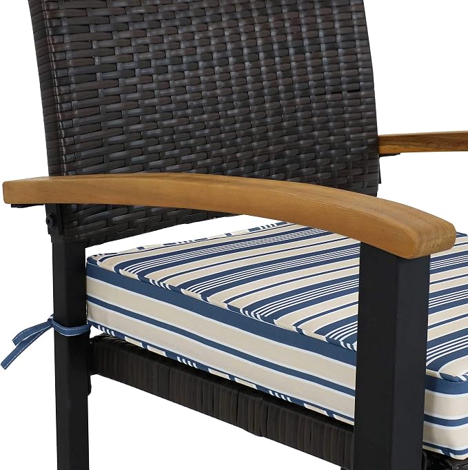 Sunnydaze Carlow 7-Piece Rattan and Acacia Outdoor Dining Set - 1 Table and 6 Chairs with Seat Cushions - Blue Stripe