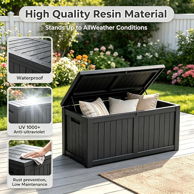 182 Gallon Outdoor Deck Storage Box, Large Waterproof Resin Patio Storage Box, Lockable Bench Seat Holds 2 Adults, for Garden Tools, Cushions & Pool Floats, UV & Rust Resistant, Black