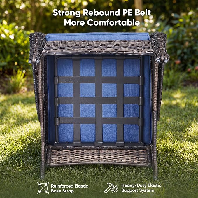 Rilyson Outdoor Wicker Patio Chairs Set of 2: High Back, Deep Seating, Wide Armrest, Thick Comfort Cushions, Ideal for Porch Deck Backyard Garden(Brown/Blue)