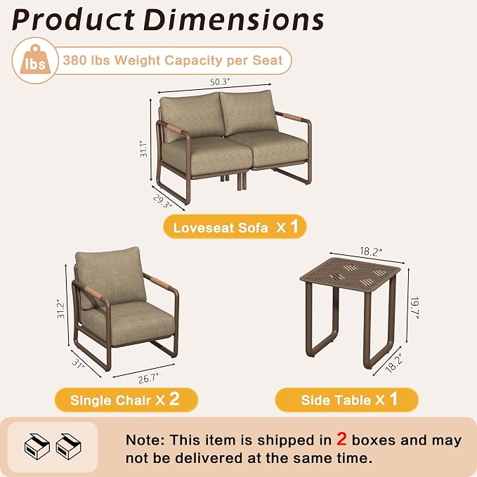 4-Piece Outdoor Aluminum Patio Sofa Set with Coffee Table, Deep Seating Conversation Set with 6.5" Cushions, Modern All-Weather Furniture for Garden, Balcony, Poolside, Brown