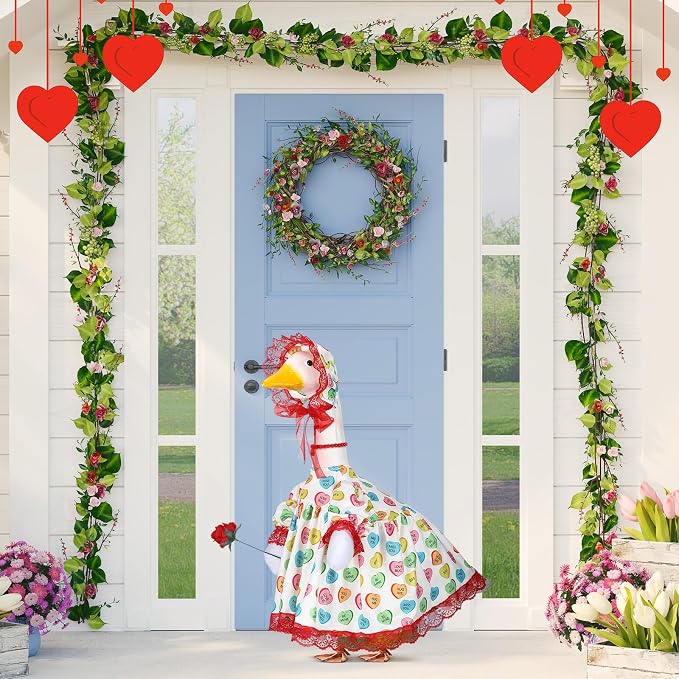 Suzile Valentines Porch Goose Outfit Conversation Heart Clothes for 23" High Cement or Plastic Goose Costume for Yard Lawn Outdoor Garden Patio Geese Statue Dresses Holiday Decor