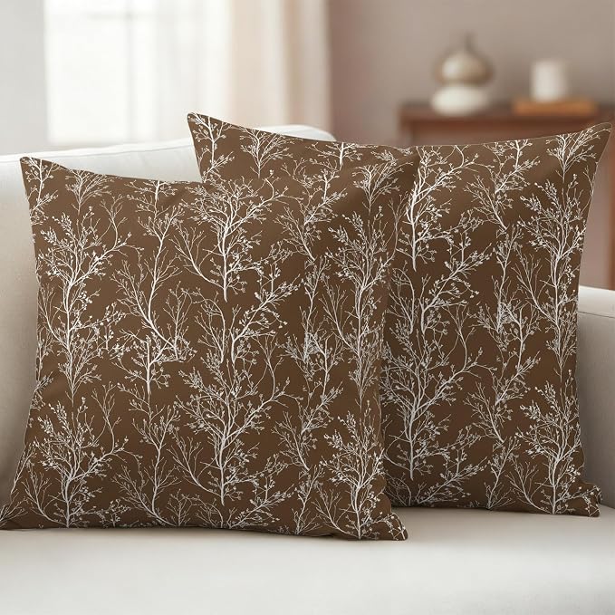 Brown Branches Waterproof Outdoor Pillow Covers Set of 2 Home Decor, Abstract Art Leaves Plant Pillowcase Patio Pillow Covers for Couch Bench Patio Furniture Garden 26x26in