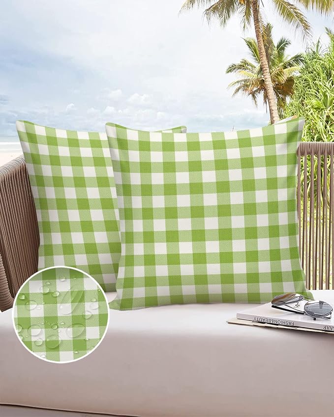 Outdoor Waterproof Throw Pillow Covers Set of 2 Sage Green Buffalo Check Plaid Pillowcases 24x24 Inches Farmhouse Style Patio Decorative Pillows Cushion Case Patio Pillows for Couch Bed Chair Garden