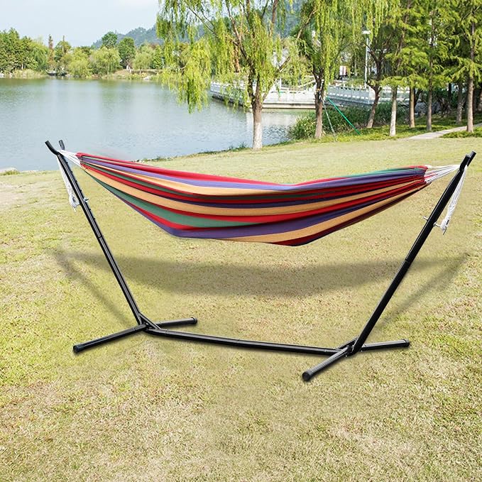 Outdoor Hammock, Camping Hammock, Folding Hammock Height Adjustable Strong Load Bearing High Stability Non-Slip Pad Design Simple Installation Swing Hammock with Heavy-Duty Hammock Stand (Red)