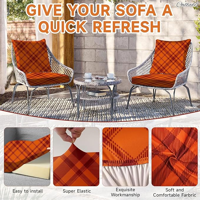 CALBODE 8Pcs Stretch Cushion Covers Outdoor Cushion Cover Replacement Slipcovers Grid Chair Seat Covers for Indoor Patio Furniture Protector(Orange Plaid, CoverOnly)