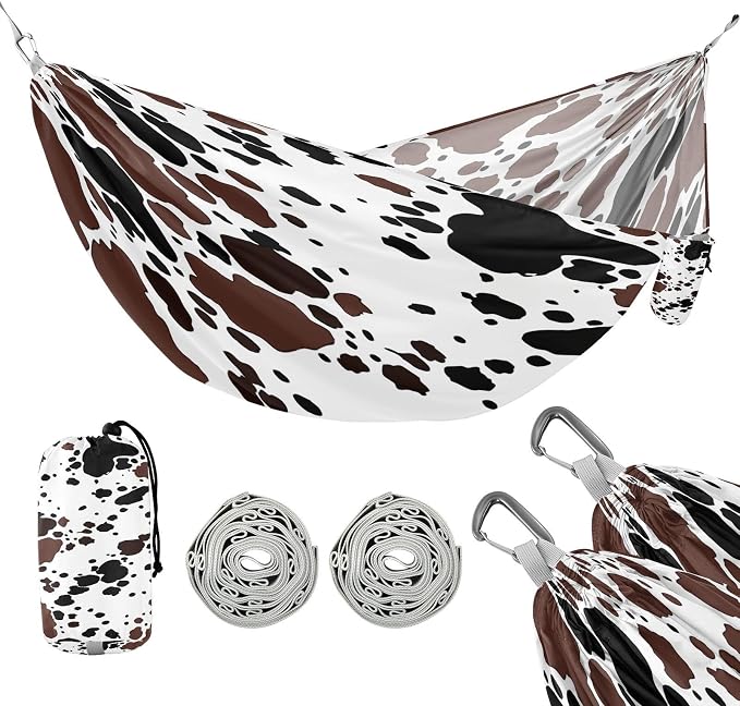 Cow Brown Spots Pattern Camping Hammock, Portable Lightweight Single Hammock with Tree Straps and Aluminum Carabiners, 114" x 54" Travel Hammock for Hiking Backpacking Beach