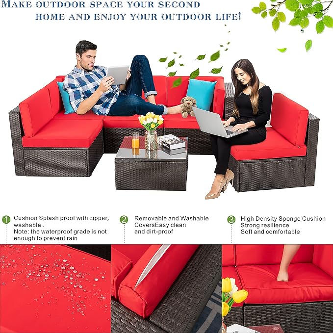 Vongrasig 6 Piece Small Patio Furniture Sets, Outdoor Sectional Sofa All Weather PE Wicker Patio Sofa Couch Garden Backyard Conversation Set with Glass Table,Red Cushions and Blue Pillows (Red)
