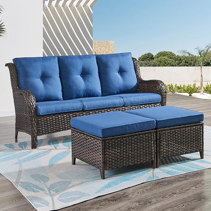 Rilyson Luxury Outdoor Wicker Patio Ottomans Set of 2, 250 lbs Capacity Rattan Large Ottomans for Patio Footrest Set 22.8in*22.8in*14in with 3.5in Thick Cushion (Brown/Blue)