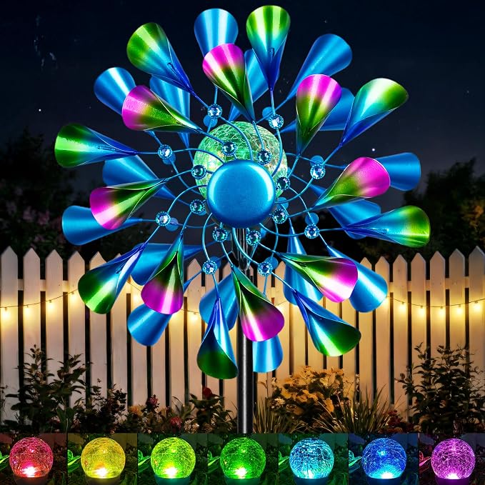Solar Wind Spinner Outdoor Metal - Peacock Kinetic Garden Sculptures with Color-Changing LED Lights, Waterproof Wind Catchers Yard Art Decor for Patio Lawn, for Women (Green)