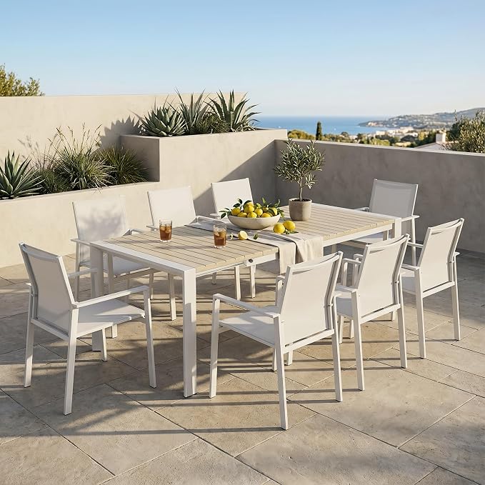 Outdoor Dining Table, Extendable Patio Dining Table for 6-10 People, Aluminum Frame with Wood-Grain Surface Drainage Design, All-Weather Expandable Dining Furniture Set for Garden Lawn Patio