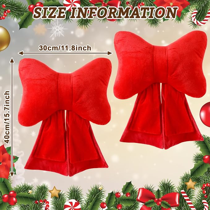 Novabright 2 Pack Christmas Red Bow Pillows Soft Cute Decorative Throw Pillows Aesthetic Home Decor Bow Shaped Stuffed Christmas Decoration for Bedroom Sofa Couch