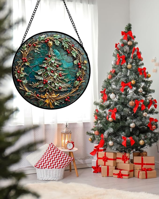 DASTOLL Stained Glass Window Hangings - Red Gold Green Wreath Suncatcher for Door Home Christmas Tree Decoration Sun Catcher Thanksgiving New Year Birthday Gift for Women Men Mom Grandma 11.8 in