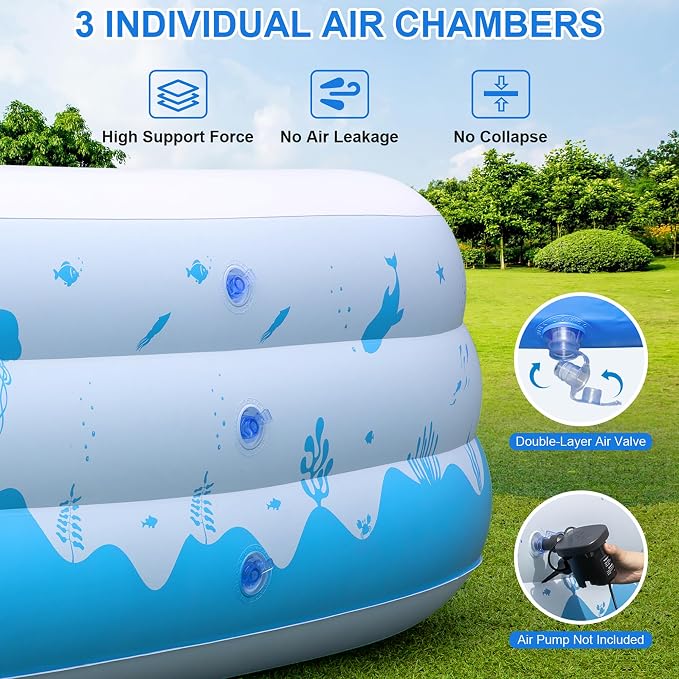 Large Inflatable Pool with Lights, 145" X 74" X 22" Family Inflatable Swimming Pools for Adults, Blow Up Pool Solar Powered, Inflatable PooI for Backyard (Air Pump Not Included)