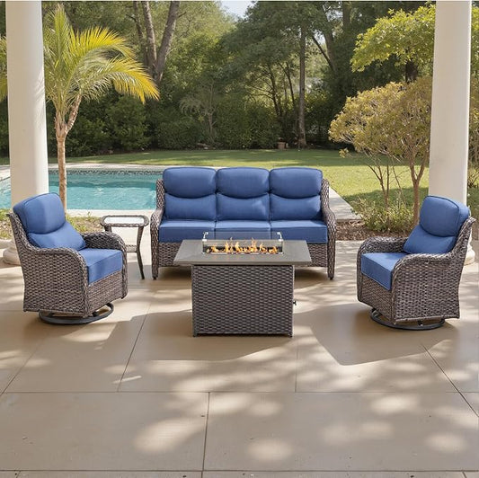 Belord Luxury 6" Thick Cushioned 5 Pieces Patio Furniture Set with Fire Pit Table, Wicker Outdoor Conversation Set with High Back Swivel Rocker Chairs for Deck Porch Yard and Poolside - Brown+Blue