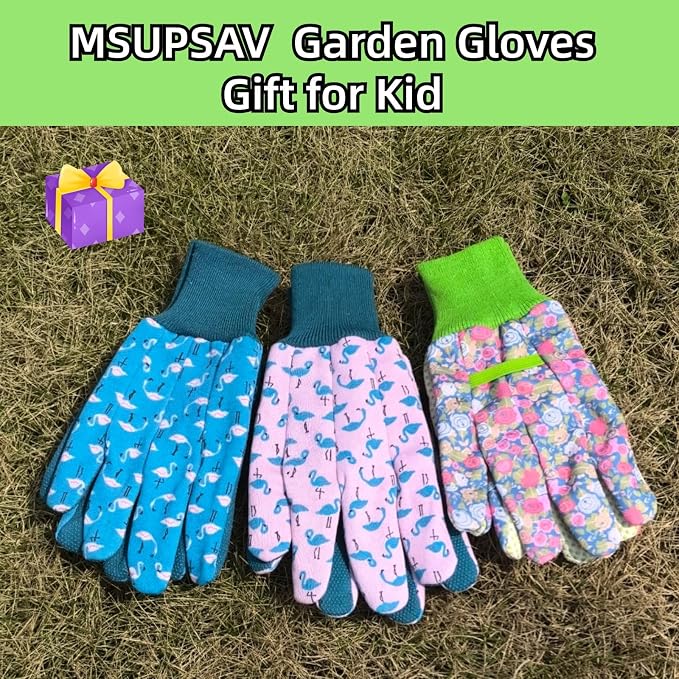 Gardening Gloves for Kids,Toddler,Children,Gift,Cute Pattern,Age3-8 | Canvas,Cute Floral Pattern,Anti-slip Dotted Palm,Soft Knit Wrist,Gardening Gift for Kid,Toddler,Daily Work,Outdoor Activities