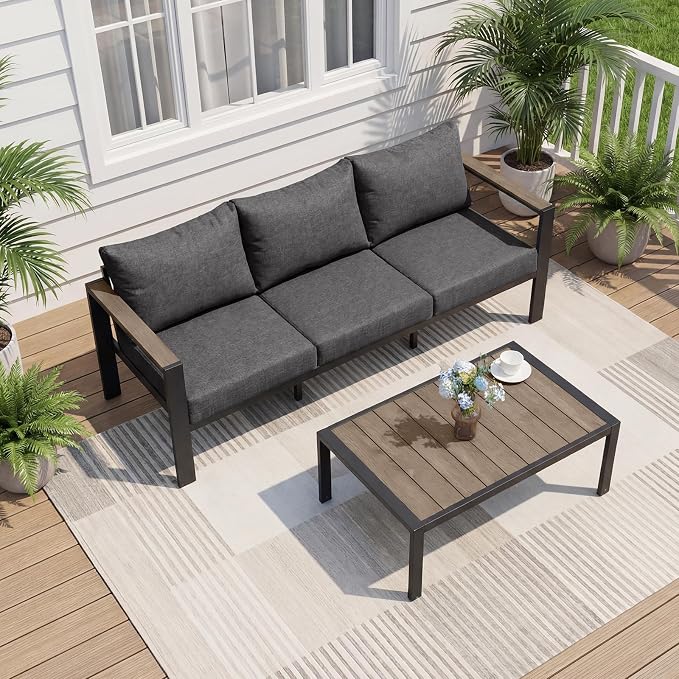Patio Furniture Set 3 Seats Sofa and Coffee Table All-Weather Patio Sofa with Washable Thick Cushions, Deluxe Aluminum Modern Outside Sectional for Porch, Balcony, Deck, Yard, Dark Gray
