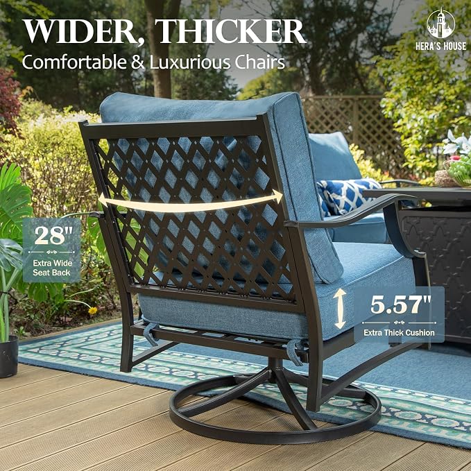 HERA'S HOUSE 4 Piece Patio Furniture Set, 2 x Swivel Cushioned Chair, 3-Seat Sofa with Marbling Coffee Table, All Weather Outdoor Conversation Set for Lawn Garden Backyard, Navy Blue