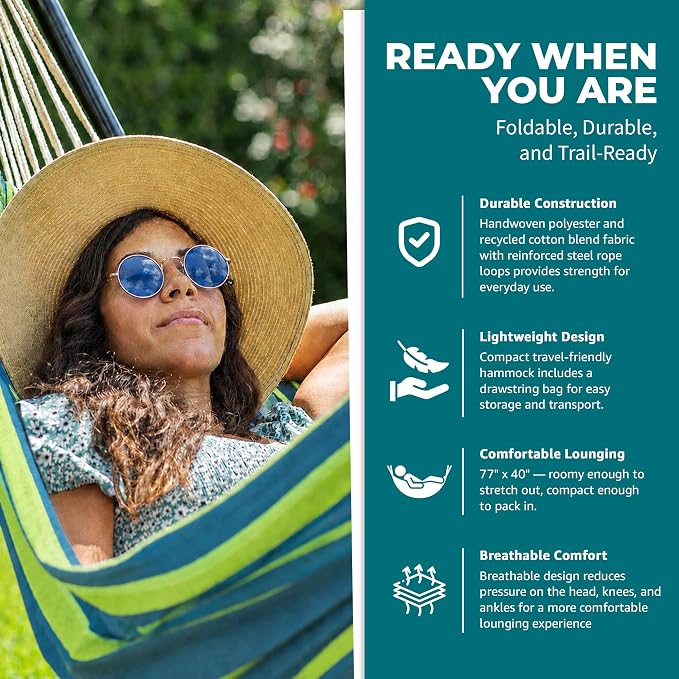 Bliss Hammocks 40" W Single Outdoor Hammock with Universal Multi-Loop Suspension with "S" Hooks, Durable, Cotton/Polyester, 220 Lbs Capacity, Mediterranean