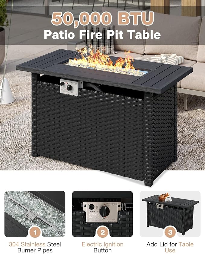 Aoxun Aluminum Patio Furniture Set with Fire Pit Table, 5 Piece Luxury Outdoor Sectional with 6" Olefin Fabric Cushions, Patio Conversation Sets with Waterproof Cover for Backyard, Porch Beige