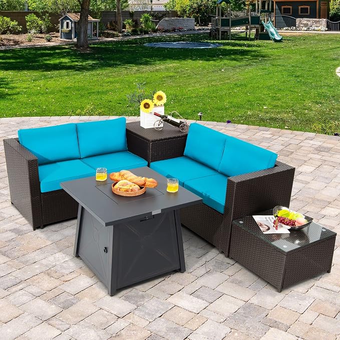 Tangkula 5 Piece Patio Furniture Set with 50,000 BTU Propane Fire Pit Table, Outdoor Wicker Conversation Set w/Cushions, Storage Box and Tempered Glass Coffee Table, 30" Gas Fire Pit Table (Turquoise)