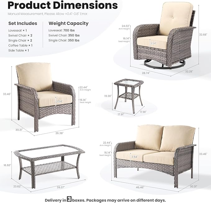ovios 7-Piece Patio Furniture Set, Outdoor Wicker Sofa with Swivel Chairs Coffee Table, High Back Rattan Couch Loveseat with Comfy Cushions for Porch Yard Deck, Beige