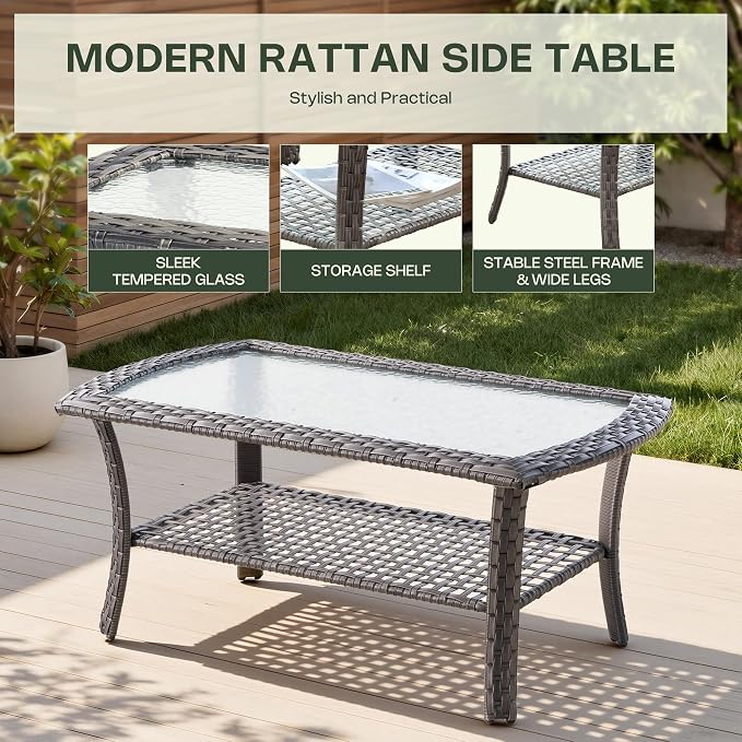 2-Piece Patio Furniture Set, Outdoor Wicker Furniture with Coffee Table, All Weather High Back Loveseat Patio Chairs, Modern Rattan Outdoor Chairs Conversation Set for Porch, Balcony, Garden,Black