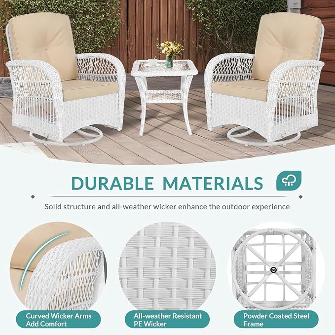 MEETWARM 3 Pieces Outdoor Wicker Swivel Rocker Patio Set, Rocking Chairs Rattan Patio Furniture Sets with Thickened Cushion and Glass-Top Coffee Table, Conversation Bistro Set, White/Beige